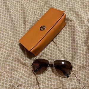 Tory Burch gold and tortoise Aviators and matching case